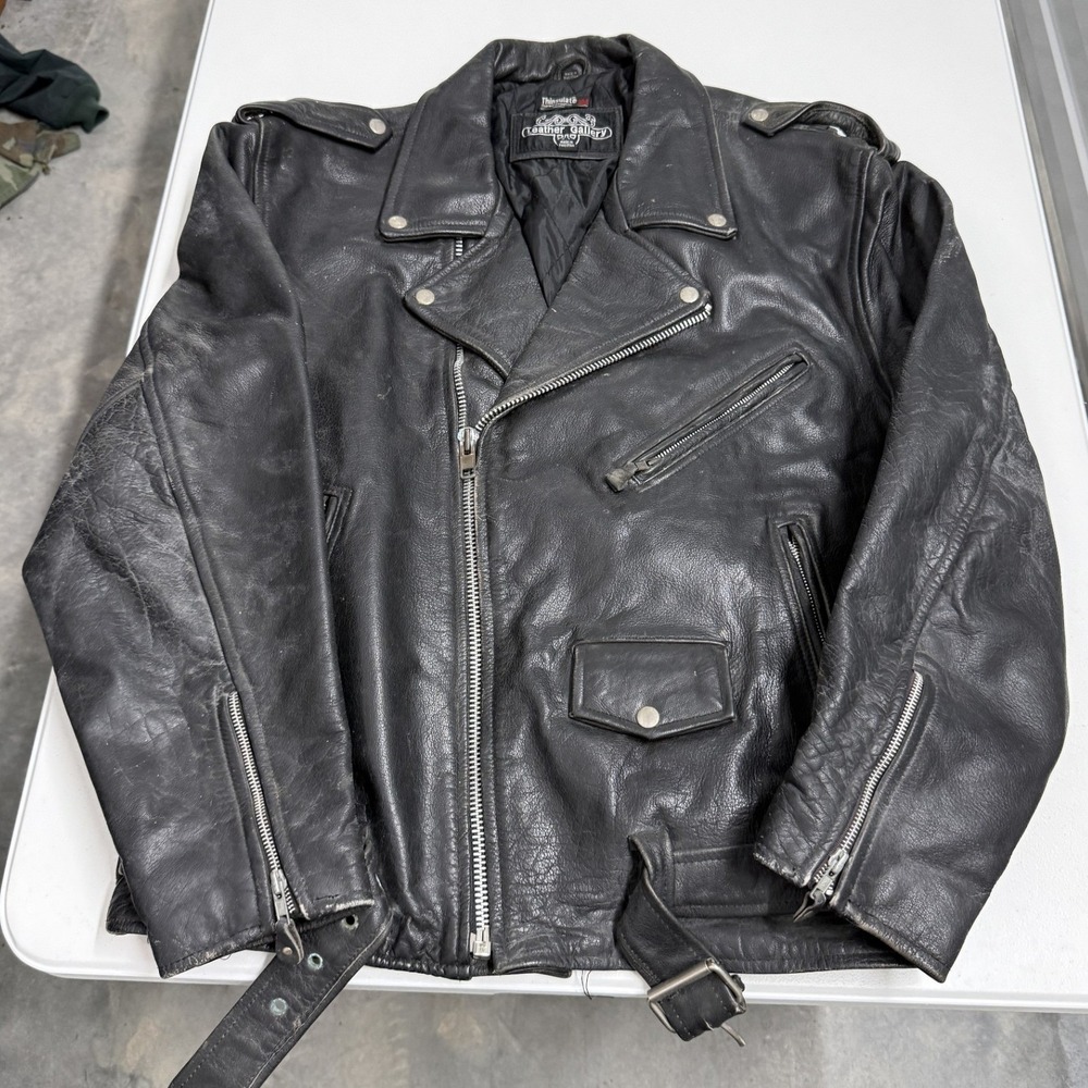 Leather Gallery Moto Jacket Mens 3XL Black Good Thinsulate Biker Belted Vintage